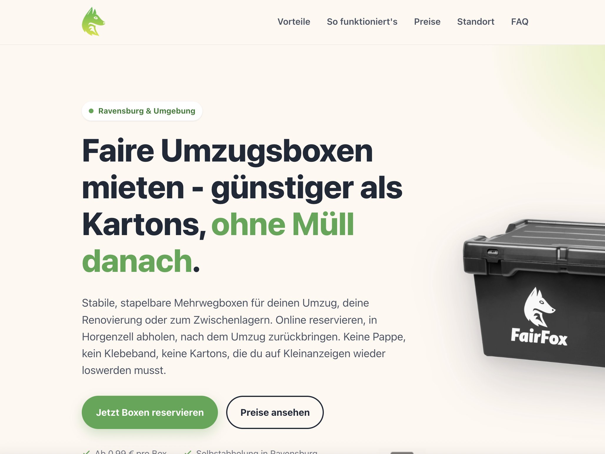 Live Webseite FairFoxBox ansehen - Mehrweg-Umzugsboxen Ravensburg, gebaut von vonhelga