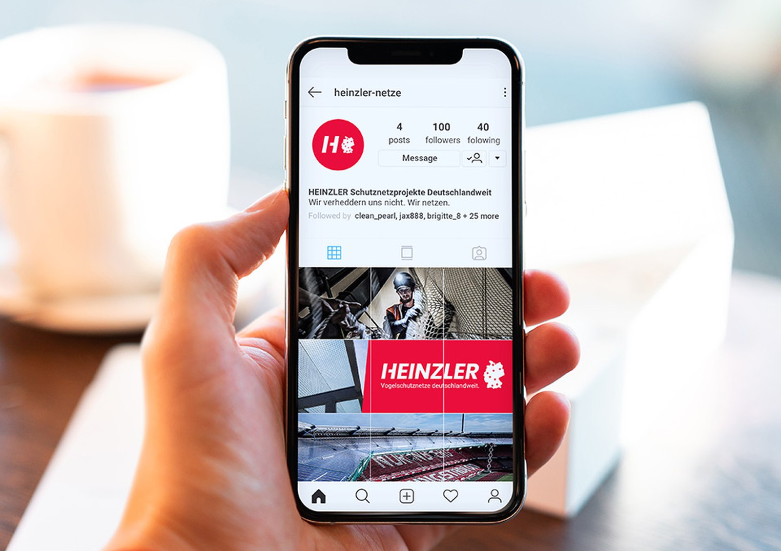 Heinzler Netzmontagen - Markenarbeit aus dem Helga-Studio: Instagram-Konzept mit Brand-Identität auf iPhone