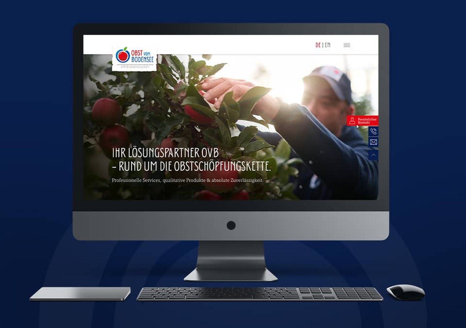 OBST vom Bodensee - Studio-Webdesign auf iMac mit Hero-Apfelernte-Visual und Headline 'Ihr Lösungspartner OvB - rund um die Obstschöpfungskette'