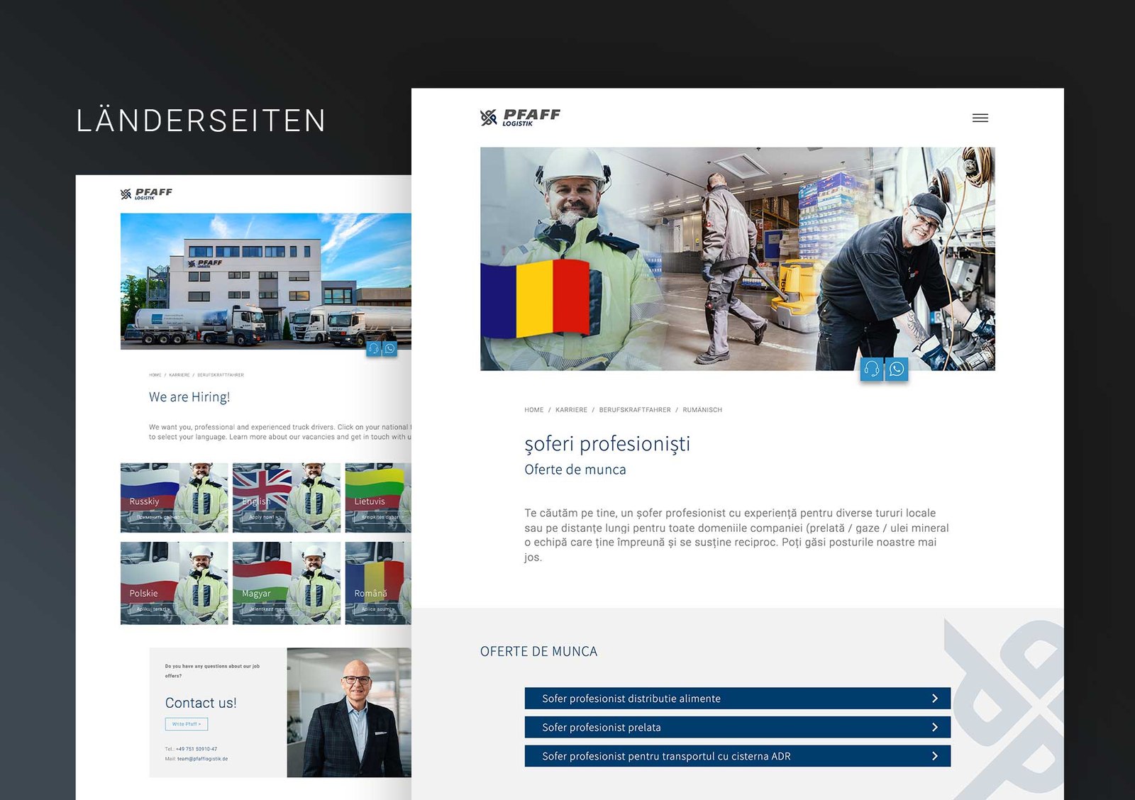 PFAFF Logistik - Studio-Webdesign mit mehrsprachigen Länderseiten für internationales Recruiting (Russisch, English, Litauisch, Polnisch, Ungarisch, Rumänisch)